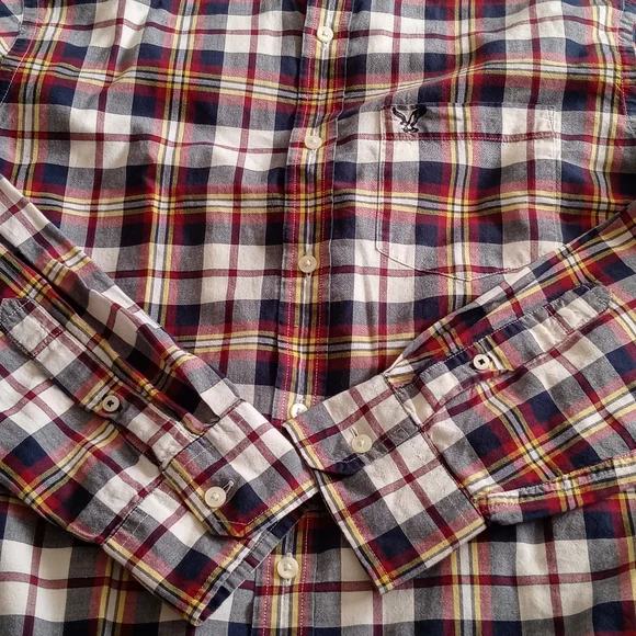 AMERICAN EAGLE OUTFITTERS RED YELLOW PLAID BUTTON DOWN SHIRT. SIZE (M ) - Picture 13 of 13